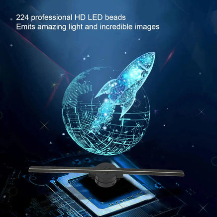 3D Hologram Fan projecting a futuristic rocket hologram with HD LED technology. Enhances advertising with stunning 3D visual effects.