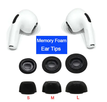 Memory foam ear tips for Apple AirPods Pro in three sizes (S, M, L), designed for comfort, noise reduction, and a secure fit.