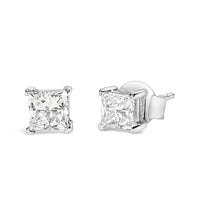 14K white gold princess cut diamond stud earrings with lab-grown diamonds, showcasing their brilliance and eco-friendly craftsmanship.