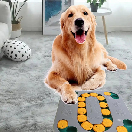 Golden Retriever enjoying a gray and yellow dog puzzle toy in a cozy living room, designed for mental stimulation and fun.