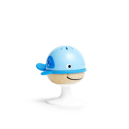 Blue whale baby rattle with smiling face and suction cup base