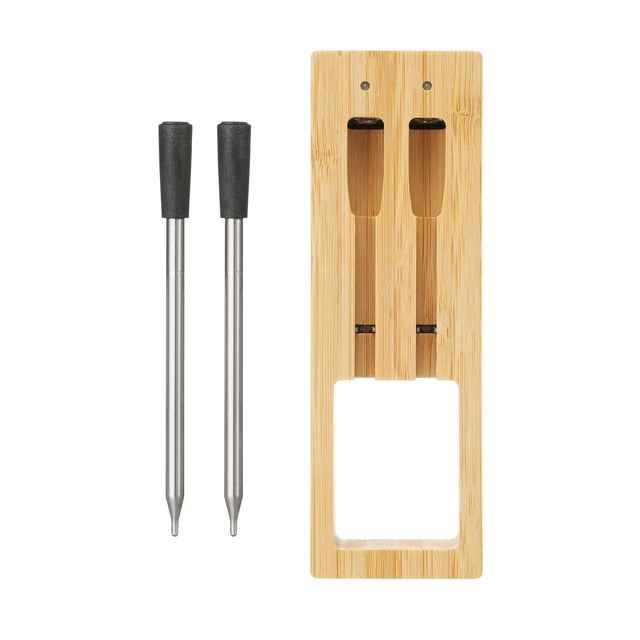 Dual-probe Wireless Kitchen Thermometer with bamboo charging base for Bluetooth cooking and grilling with precision temperature control.