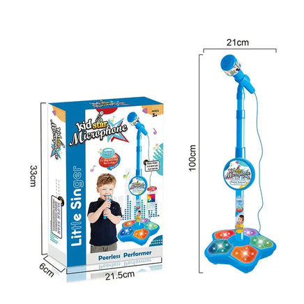 Kids Microphone with Stand featuring a blue adjustable stand, colorful buttons, and interactive features. Perfect for unleashing creativity and enhancing skills.