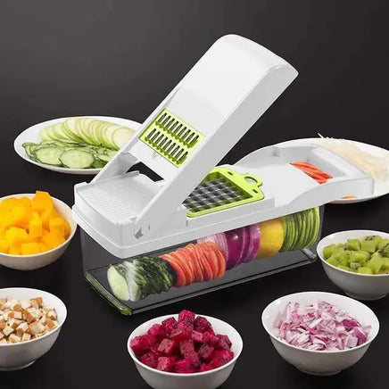 White 8-in-1 multifunctional kitchen slicer with interchangeable blades and a container, displayed with sliced vegetables in bowls.