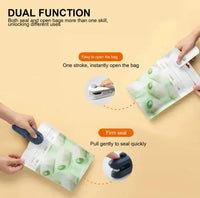 Dual function of the vacuum sealing machine showing its ability to seal and open bags efficiently for food storage.