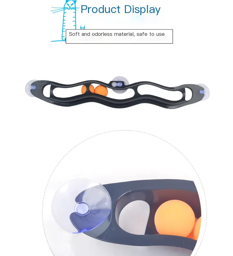 Display of durable suction cup window track ball cat toy