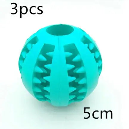 Turquoise interactive rubber slow feeder dog ball, 5cm in size, sold in a 3-piece set for treat dispensing and chewing.