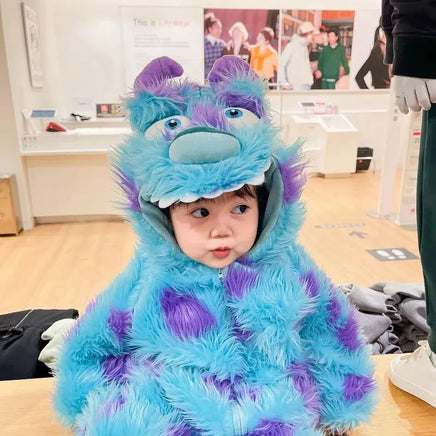 Side view of furry blue and purple animal costume