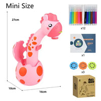 Mini-sized Kids Art Table Set with a pink giraffe projector, markers, stencil discs, and an art booklet for creative exploration.