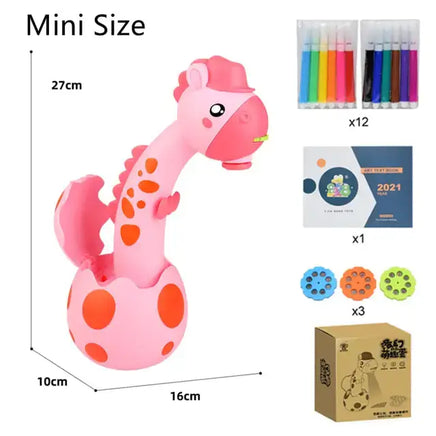 Mini-sized Kids Art Table Set with a pink giraffe projector, markers, stencil discs, and an art booklet for artistic fun.