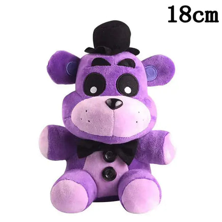 Purple bear NAF plush toy with a black bow tie and buttons, designed for playful adventures, 18cm tall.