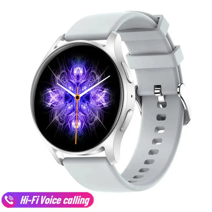 Silver Bluetooth calling smart bracelet with a white strap, displaying a vibrant purple watch face design.