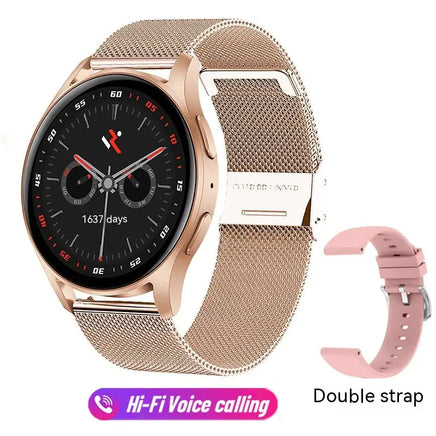 Rose gold mesh strap smartwatch with a double strap option, featuring Bluetooth calling and a sporty digital display.