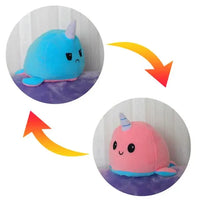 Blue and pink narwhal double-sided plush toy with reversible sad and happy expressions. Cute and cuddly from Shop Name.