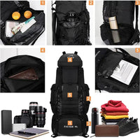 Black 90L outdoor travel backpack with detailed compartments for gear, showcasing storage for cameras, clothes, and travel essentials.