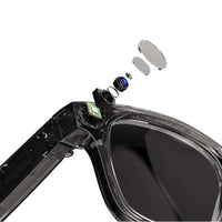 Exploded view of AI camera smart glasses with lens, camera, and accessories
