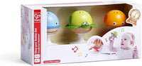 Hape Put-Stay Rattle Set packaging with three sea animal toys