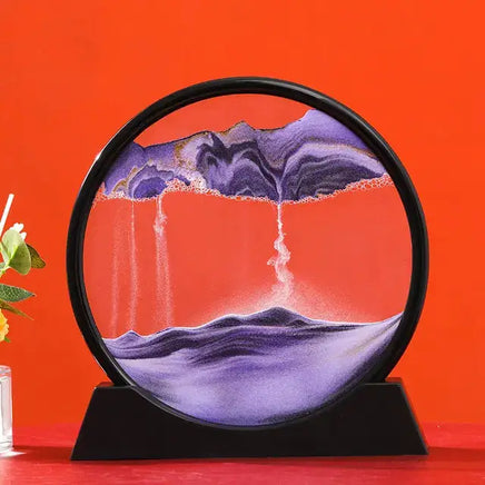 Moving Sand Art Picture Frame with dynamic purple and white sand formations creating mesmerizing patterns against a vibrant red background.