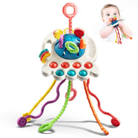 Interactive sensory toy with vibrant pull strings and textured elements, shown with a baby engaging in sensory play for skill enhancement.