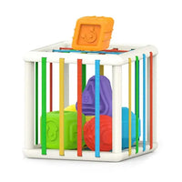 Square Baby Blocks Shape Sorter Toy with colorful elastic bands and vibrant blocks, ideal for shape recognition and sensory development.