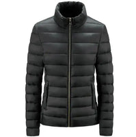 Simple Women's Stand-up Collar Puffer Jacket in black with zip-up front and horizontal quilting. A minimalist, warm winter coat for everyday wear.