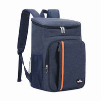 Navy portable thermal lunch bag with orange stripe, featuring insulated compartments and mesh side pockets for meal storage.