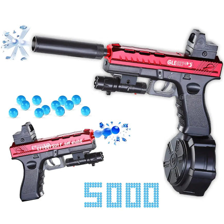 Red and black automatic airsoft gun toy with blue soft bullets, featuring a drum magazine and silencer for engaging play.