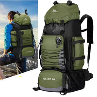 Green 90L outdoor travel backpack with spacious compartments and sturdy straps, perfect for hiking and camping trips.