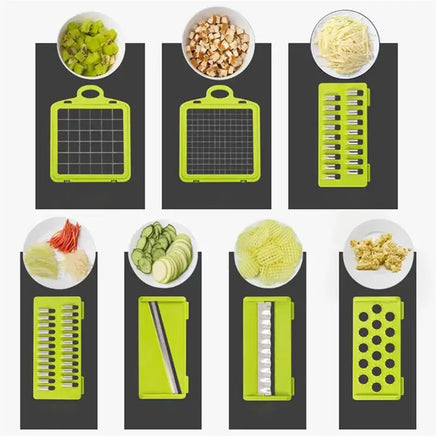 Green slicing and grating blades with diced and sliced vegetables, highlighting the versatility of the 8-in-1 multifunctional kitchen tool.