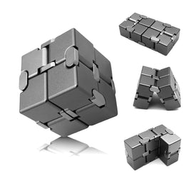 Metal Infinity Cube Fidget Toy for Teens & Adults shown in multiple folded positions. Ideal desk toy for ADHD and stress relief.