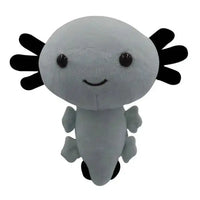 Gray anime axolotl plush toy with black gills, soft and huggable, ideal for kids and anime fans.