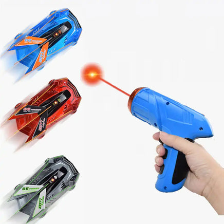 Set of anti gravity car toys in blue, red, and green with a laser-guided remote control for wall and ceiling climbing.