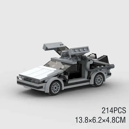 Delorean Classic Building Blocks set with 214 pieces, measuring 13.8x6.2x4.8 cm, featuring a detailed gray car model with functional doors.