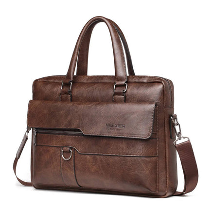 Dark brown men briefcase bag with a classic design, front zipper pocket, and adjustable strap for versatile carrying options.