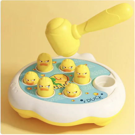 Groundhog Educational Toy with a yellow duck theme, including a hammer and expressive duck figures on a durable plastic base.