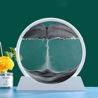 Moving Sand Art Picture Frame with a circular design, showcasing dynamic black and white sand patterns against a green background. Perfect for home decor or relaxation.