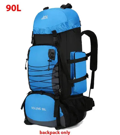 Blue 90L outdoor travel backpack with multiple compartments, adjustable straps, and durable design for hiking and camping adventures.