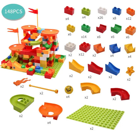 148-piece marble race run block toy set with colorful blocks, slides, and baseplate for imaginative play and construction.