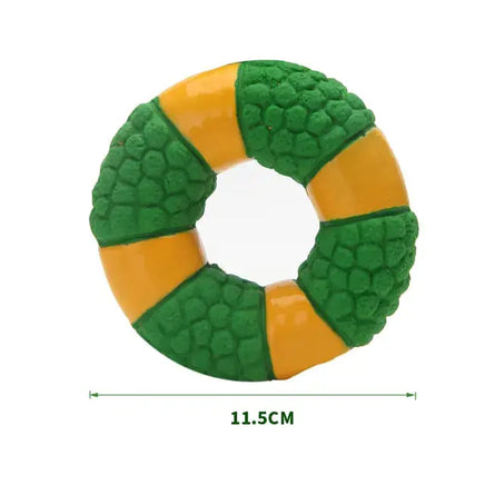 Round squeaky dog toy with green and yellow textured segments, measuring 11.5 cm, ideal for interactive pet play and entertainment.