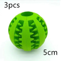 Green interactive rubber slow feeder dog ball, 5cm in size, sold in a 3-piece set for treat dispensing and chewing.