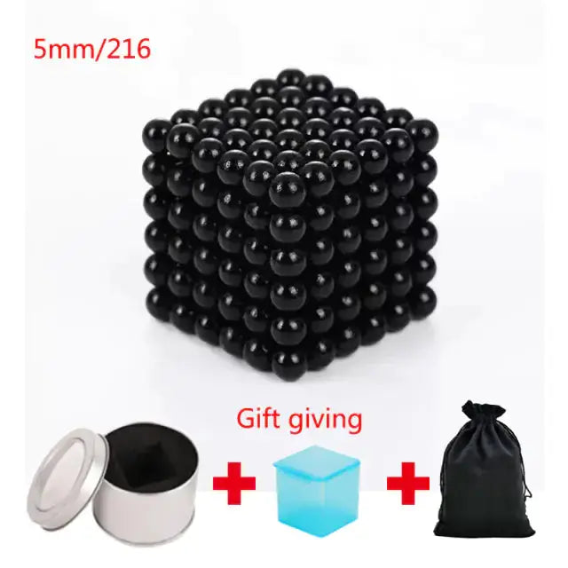 Black magnetic metal balls in a 5mm cube set of 216 pieces, with a storage tin, gift box, and pouch included.