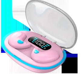 Pink Bluetooth headset with LED display in a compact charging case, designed for side sleeping and ergonomic comfort.