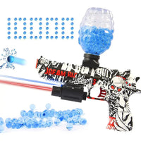 Black and white toy gun blaster with water bead hopper and laser light for kids' entertainment.