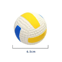 Squeaky dog toy shaped like a volleyball with yellow and blue accents, measuring 6.5 cm, perfect for interactive pet play.