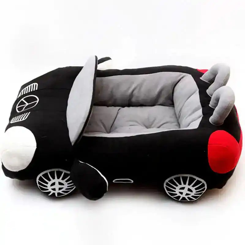 Car Pet Nest shaped like a black sports car with plush cushioning, offering comfort and security for pets during travel or lounging at home.