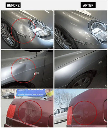 Before and after images showcasing the effectiveness of the dent remover bar on various car dents. Helps restore car body appearance.