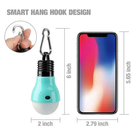 Portable emergency light bulb with smart hook design compared to a smartphone for size reference. Compact and easy to carry.