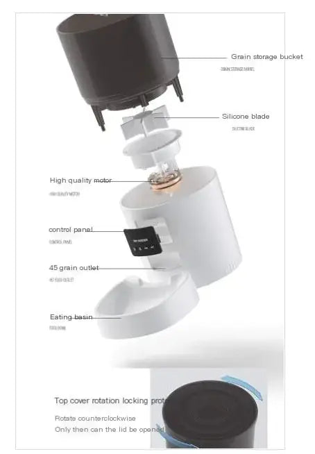 Disassembled view of automatic pet feeder with grain storage and control panel
