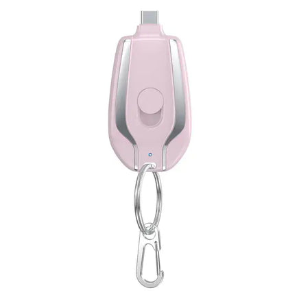 Pink 1500mAh emergency power bank with keyring attachment, designed for convenience and lightweight portability.