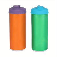Two beverage cans sealed with silicone can lids in purple and blue. Leak-proof and ideal for preserving drink freshness.